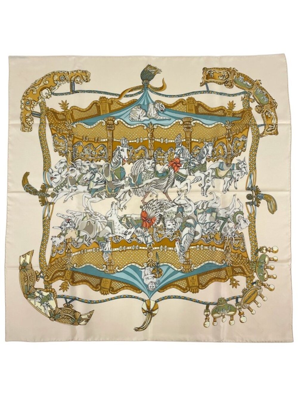 Hermes Carre 90 Tournez Manege Scarf Merry Go Round Silk Beige Multicolor